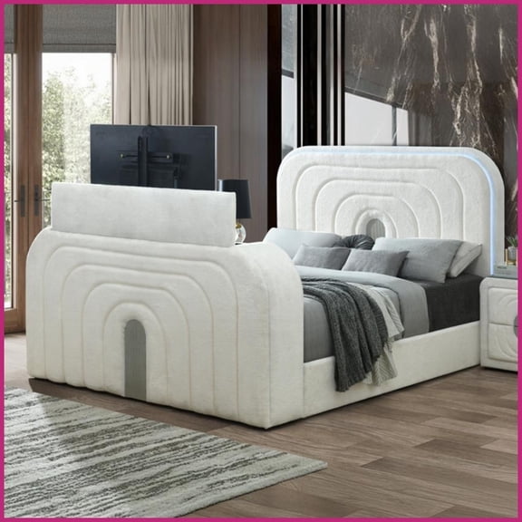 Queen Size White Teddy Sherpa & Chrome Platform Bed with LED Headboard, Fireplace, TV Lift Cabinet & Bluetooth