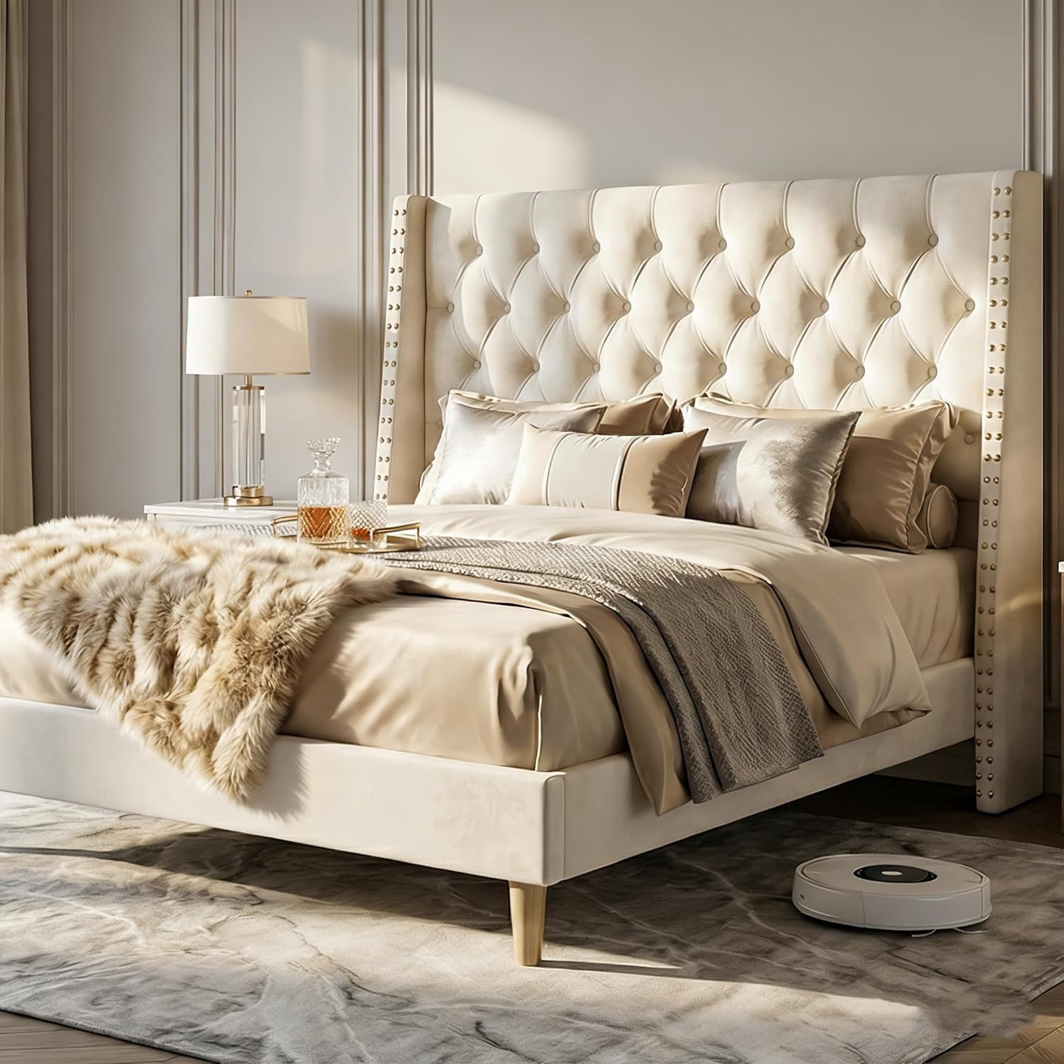 Queen Size White Velvet Upholstered Platform Bed Frame with 47.6" Tall Wingback Tufted Headboard & High Footboard, Gold Nailhead Trim, 1000lbs Heavy Duty Support, No Box Spring Needed
