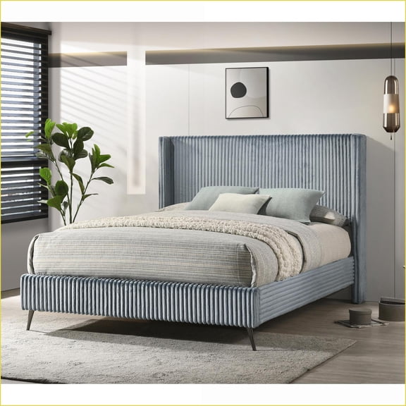 Queen Size Wide Wale Corduroy Panel Bed Frame - Blue Modern Wingback Upholstered for Contemporary Bedrooms