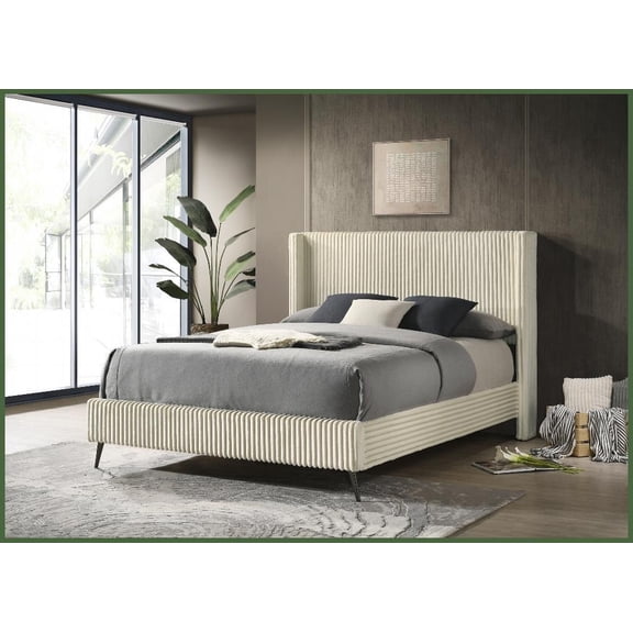 Queen Size Wide Wale Corduroy Upholstered Panel Bed with Wingback Headboard - Cream, Modern Master Bedroom