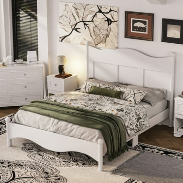 Queen Size Wood Bed Frame with Headboard, Retro Style Platform Bed with Wooden Slat Support, Queen Wood Platform Bed Frame, No Box Spring Needed, White