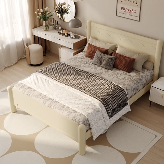 Queen Size Wood Bed Frame,Wood Platform Bed with Headboard,Solid Wood Legs, Mattress Foundation with 10 Wooden Slats,No Box Spring Needed,Beige