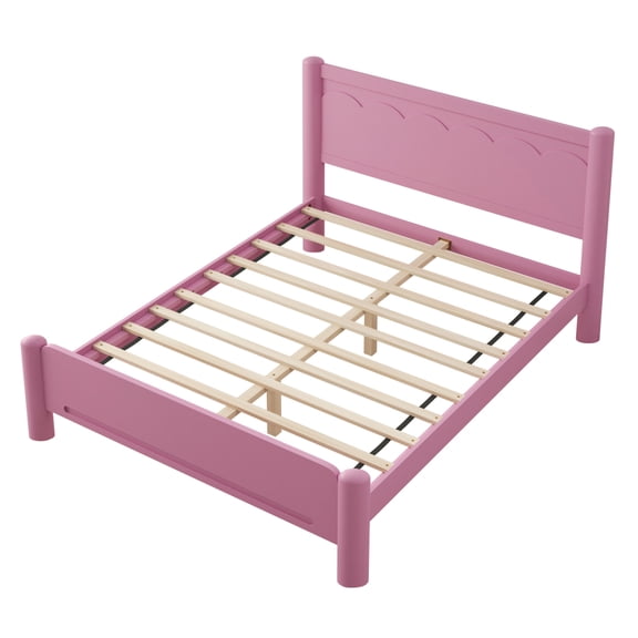 Queen Size Wood Bed Frame,Wood Platform Bed with Headboard,Solid Wood Legs, Mattress Foundation with 10 Wooden Slats,No Box Spring Needed,Pink