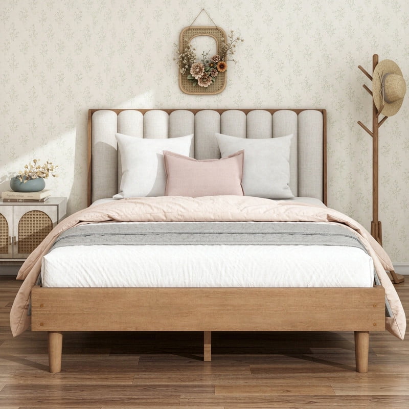Queen Size Wood Bed Frame with Piano Key Designed Upholstered Tall Headboard, Low-Profile Platform Bed with Under-Bed Space