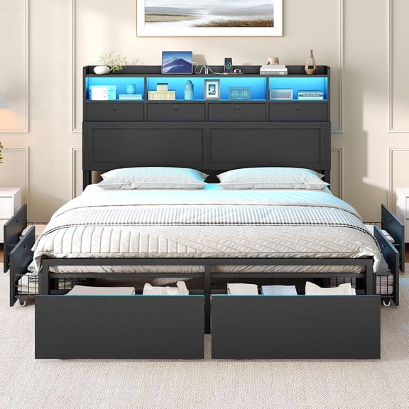 Queen Size Wood Bed Frame with Storage Drawers, Charging Station & LED Lights, Black