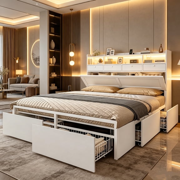 Queen Size Wood Bed Frame with Storage Drawers, Charging Station & LED Lights, White