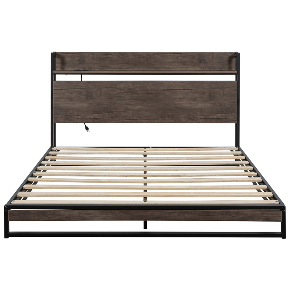 Queen Size Wood Bed Frame with Storage Shelf Headboard, Platform Bed