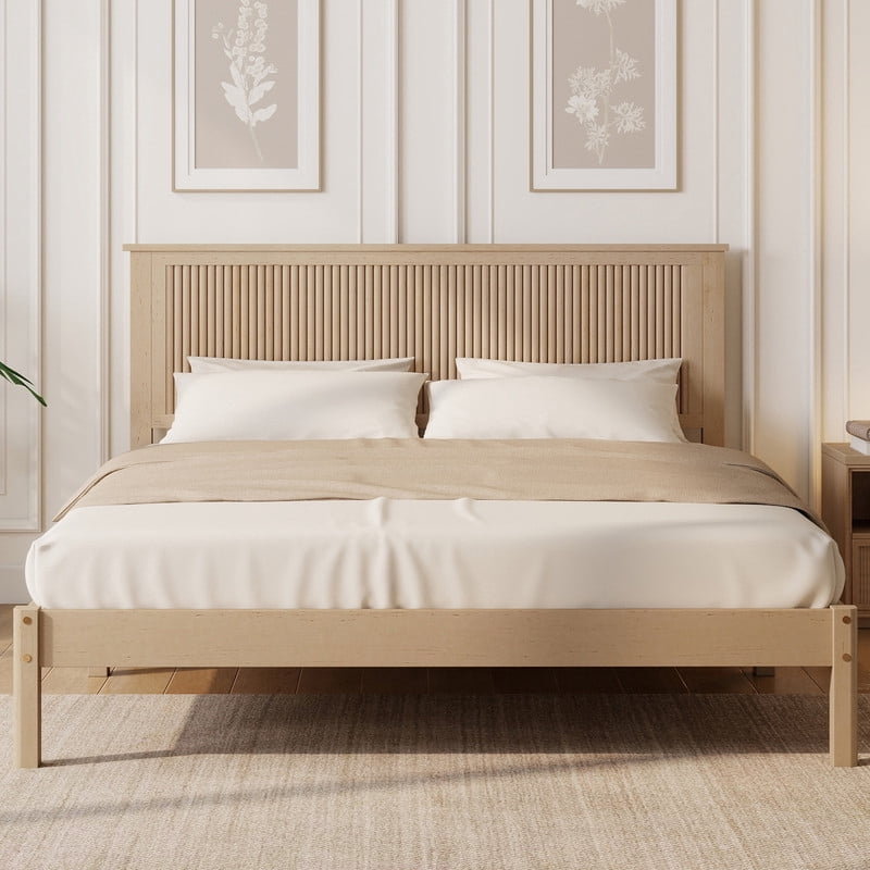 Queen Size Wood Bed Frame with Wave-Fluted Headboard, Low-Profile Platform Bed with Central Support Legs and Under-Bed Space