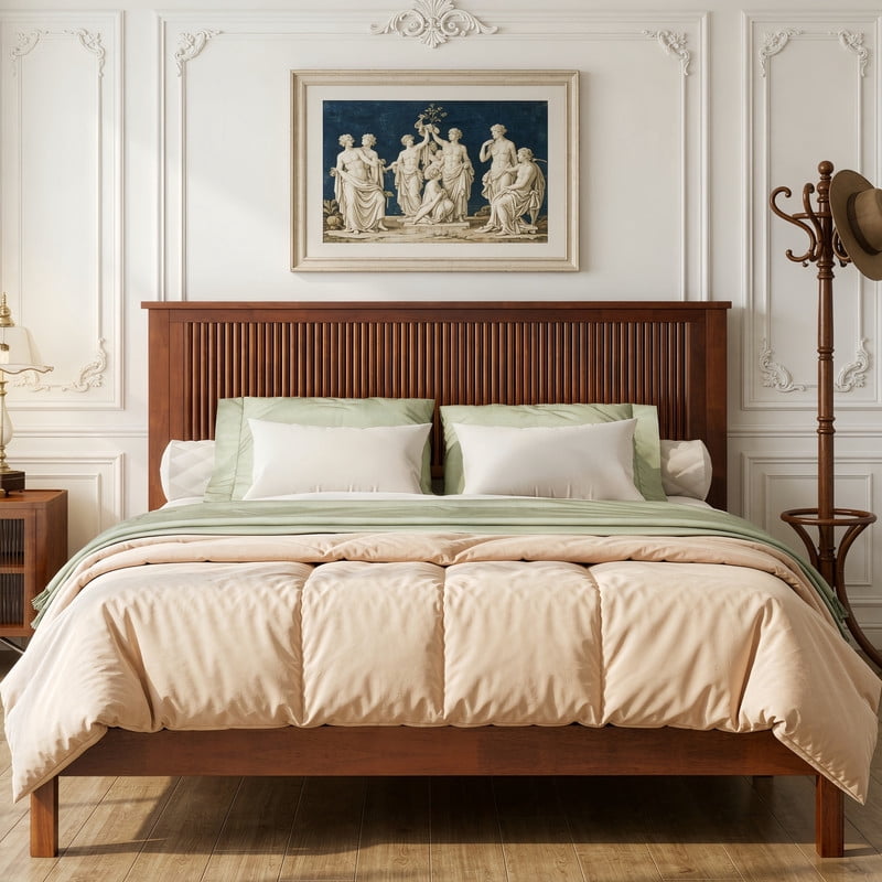 Queen Size Wood Bed Frame with Wave-Fluted Headboard, Low-Profile Platform Bed with Central Support Legs and Under-Bed Space