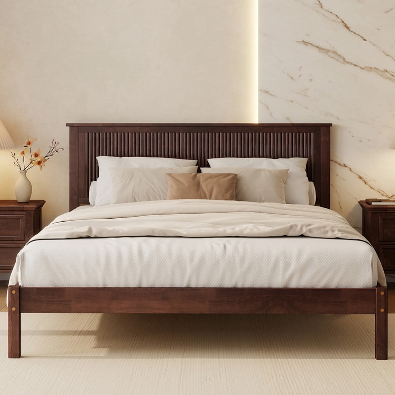 Queen Size Wood Bed Frame with Wave-Fluted Headboard, Low-Profile Platform Bed with Central Support Legs and Under-Bed Space