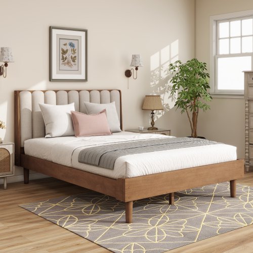 Queen Size Wood Bed with Piano Key Style Upholstered Headboard, Sturdy Platform Bed Frame with Wood Slats, No Box Spring Needed, Wheat