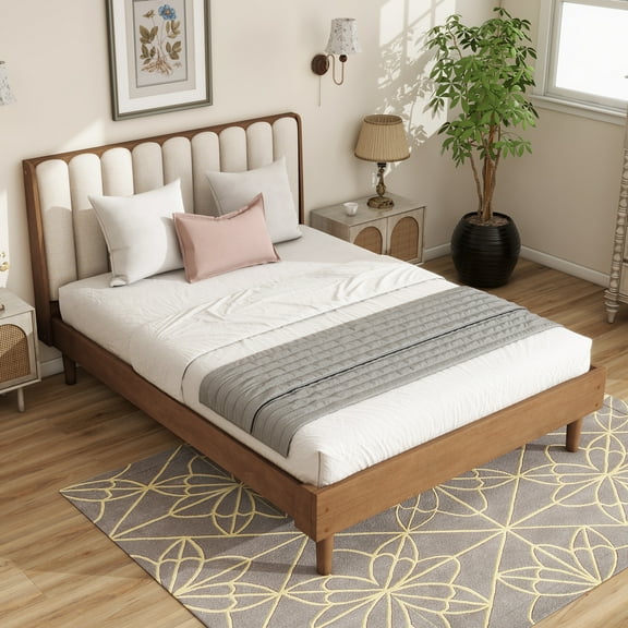 Queen Size Wood Bed with Piano Key Style Upholstered Headboard , Wood Bed with Strengthened Bed Frame,WHEAT