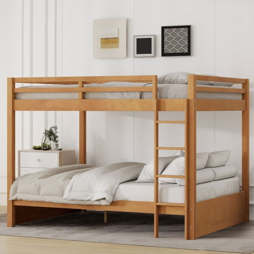 Queen Size Wood Bunk Bed with Ladder, Solid Pine Wood Frame, Space-Saving Design with Full-Length Guardrails, No Box Spring Needed, for Bedroom, Guest Room, Shared Space, Natural Wood Color