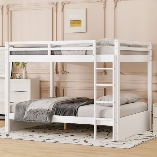 Queen Size Wood Bunk Bed with Ladder, Solid Pine Wood Frame, Space-Saving Design with Full-Length Guardrails, No Box Spring Needed, for Bedroom, Guest Room, Shared Space, White