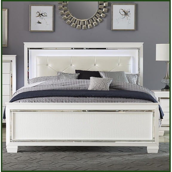 Queen Size Wood & Engineered Wood Bed Frame with Button-Tufted LED Headboard Faux Alligator Embossed Panels White Finish for Master Bedroom