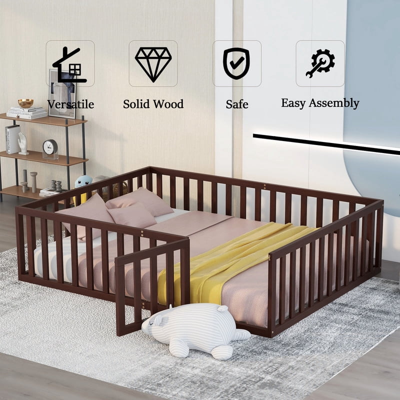 Queen Size Wood Floor Bed with Door & Fence, Montessori Bed Frame with Full Length Safety Guardrails, Wood Queen Bed with Slats, No Box Spring Needed-Walnut