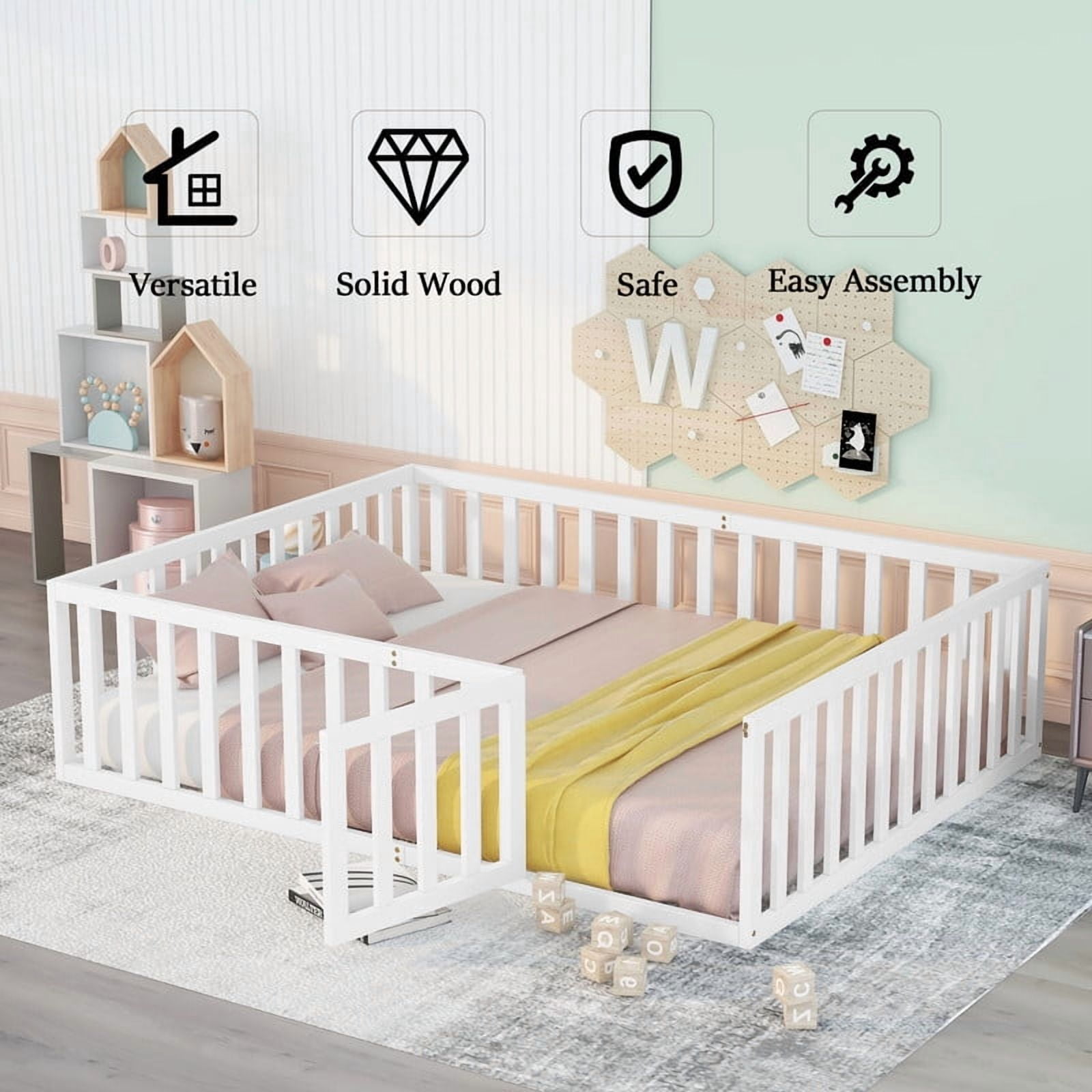 Queen Size Wood Floor Bed with Door & Fence, Montessori Bed Frame with Full Length Safety Guardrails, Wood Queen Bed with Slats, No Box Spring Needed-White