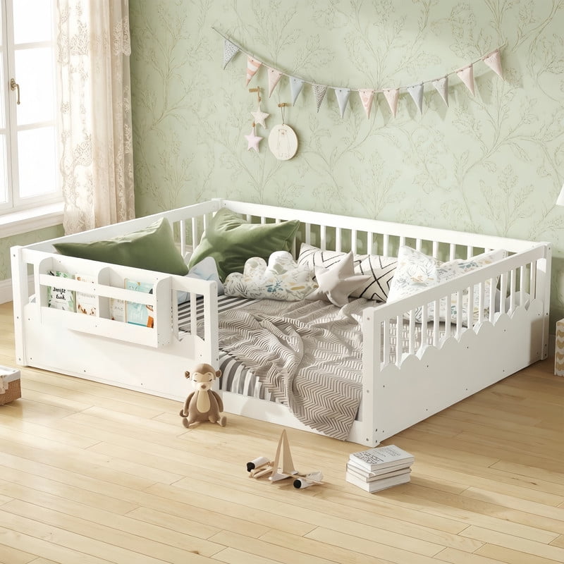 Queen Size Wood Floor Bed with Wavy Fence, Kids Platform Bed Frame with No Slat, Montessori Storage Bed with Bookshelf