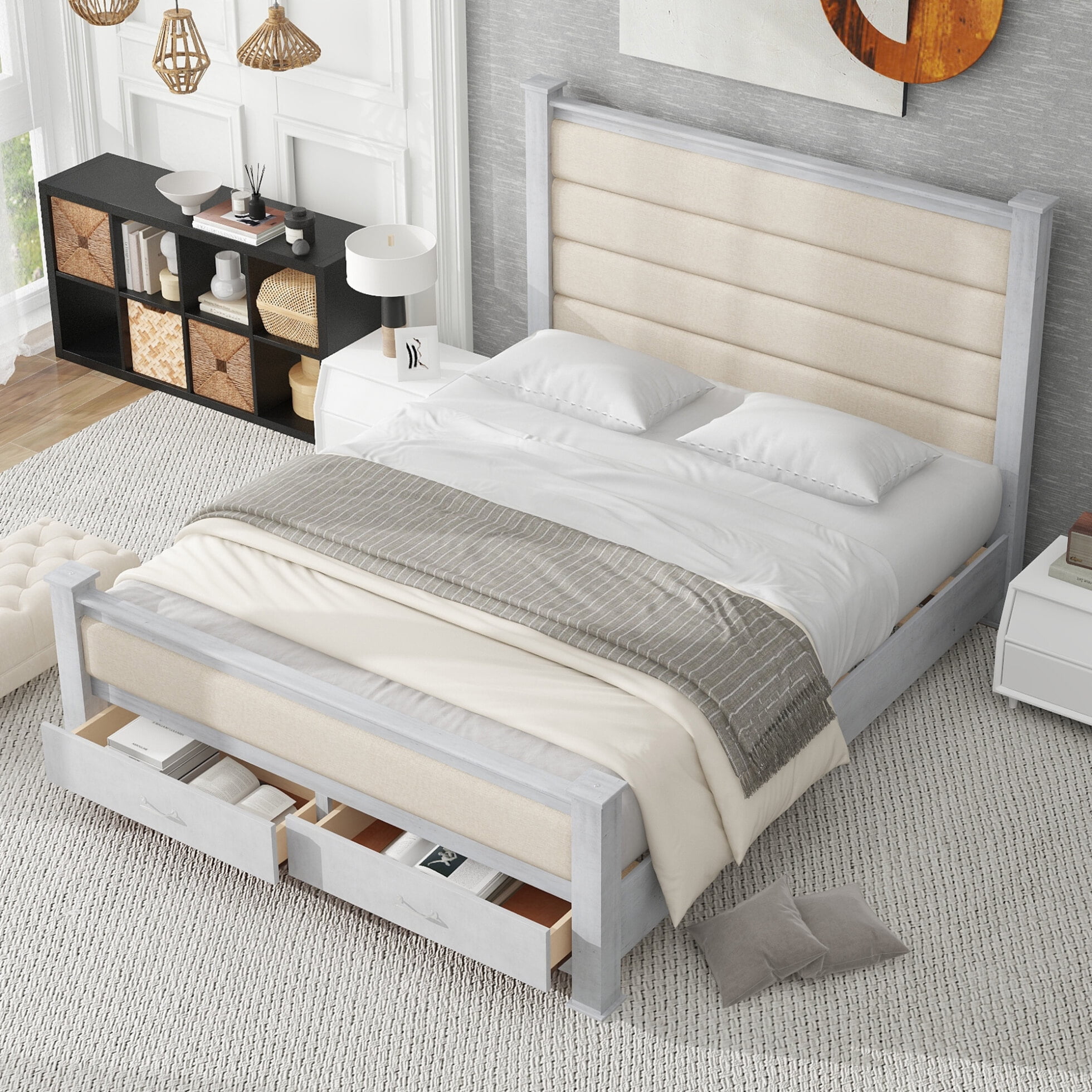 Antique White Queen Pine Wood Platform Bed with Upholstered Headboard and Storage Drawers