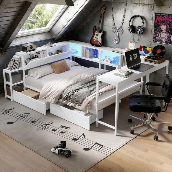 Queen Size Corner Bed Frame with Bookcase, 2 Underbed Storage Drawers, LED Light & Charging Station, Modern Daybed, White
