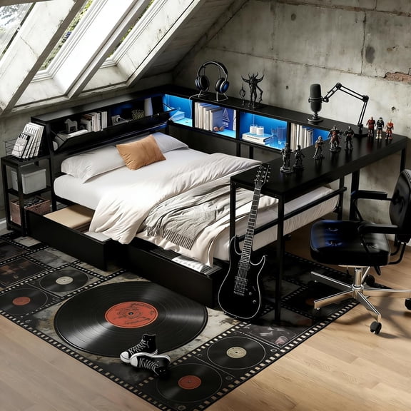 Queen Size Corner Bed Frame with Bookcase, 2 Underbed Storage Drawers, LED Light & Charging Station, Modern Daybed, Black