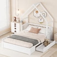 thumbnail image 1 of Queen Size Wood House Platform Bed with Guardrail and 2 Storage Drawers, Solid Pine Bed Frame for Bedroom, White, 1 of 8