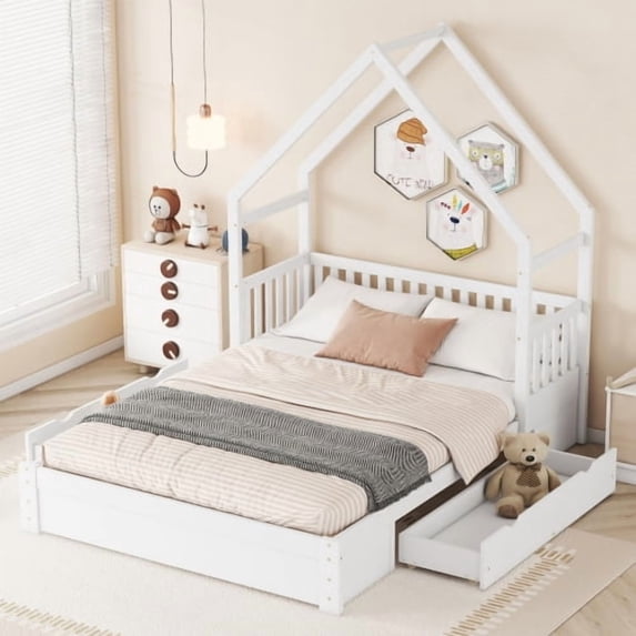 Queen Size Wood House Platform Bed with Guardrail and 2 Storage Drawers, Solid Pine Bed Frame for Bedroom, White