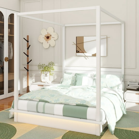 Queen Size Wood LED Canopy Bed ,Canopy Platform bed With Support Slats, No Box Spring Needed, White