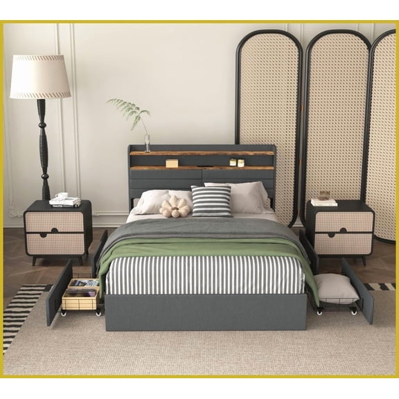 Queen Size Wood-Metal Platform Bed Frame with 4 Storage Drawers, LED Lights & Charging Station, Noise-Free, No Box Spring Needed for Master Bedroom