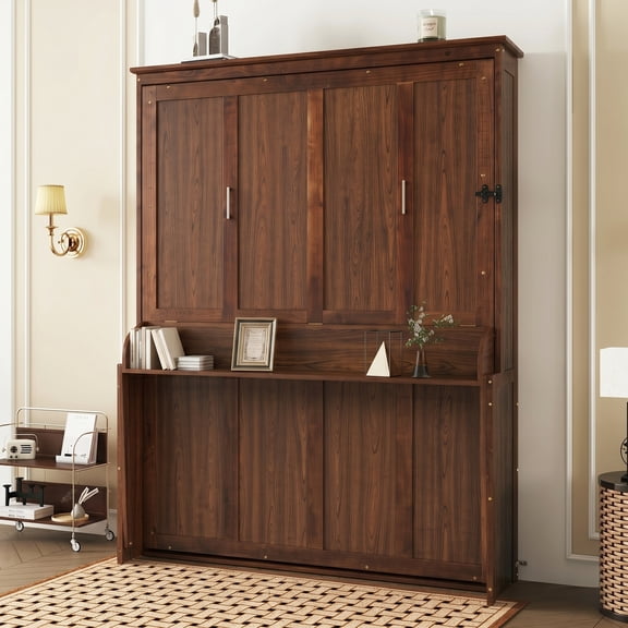 Queen Size Wood Murphy Bed, Space-Saving Hidden Wall Bed, Wall Bed Cabinet, With Gas Struts,Walnut (Old Sku W504S00226)