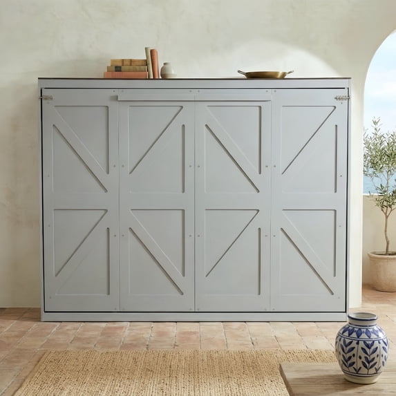 Queen Size Wood Murphy Bed with Hidden Folding Platfom Bed, Wall Cabinet Bed Frame with Shelf Top & Side Charging Station