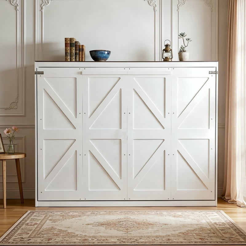 Queen Size Wood Murphy Bed with Hidden Folding Platfom Bed, Wall Cabinet Bed Frame with Shelf Top & Side Charging Station