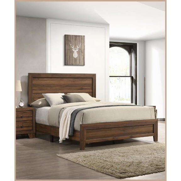Queen Size Wood Panel Bed with Brown Cherry Finish - Contemporary Style for Master/Guest Bedroom