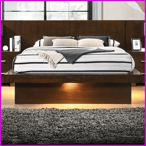 Queen Size Wood Panel Bed with Built-in LED Lighting - Rich Cappuccino Finish for Cozy Master Bedroom