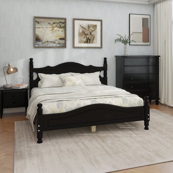 Queen Size Wood Platform Bed Frame,Retro Style Platform Bed with Wooden Slat Support,Black