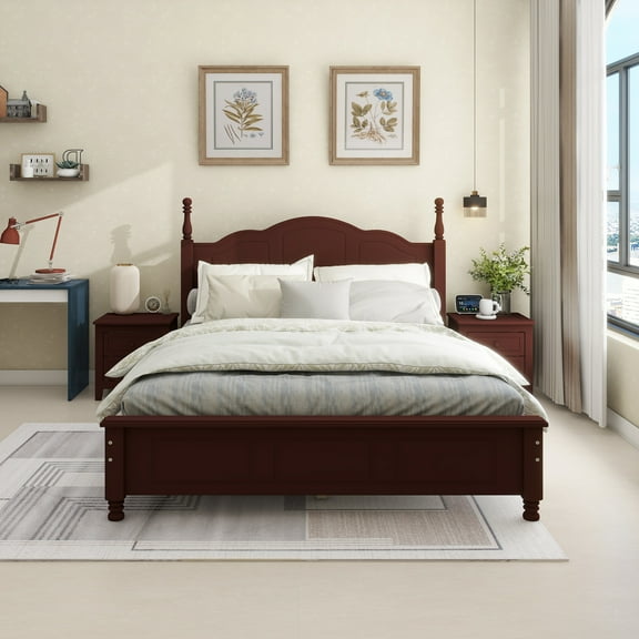 Queen Size Wood Platform Bed Frame,Retro Style Platform Bed with Wooden Slat Support,Dark Walnut