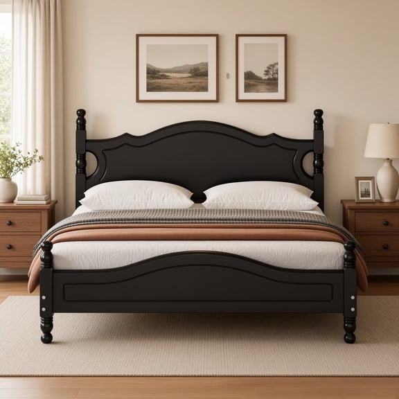 Queen Size Wood Platform Bed Frame, Retro Style Platform Bed with Wooden Slat Support for Bedroom, Sturdy No Box Spring Needed, Easy Assembly, Black