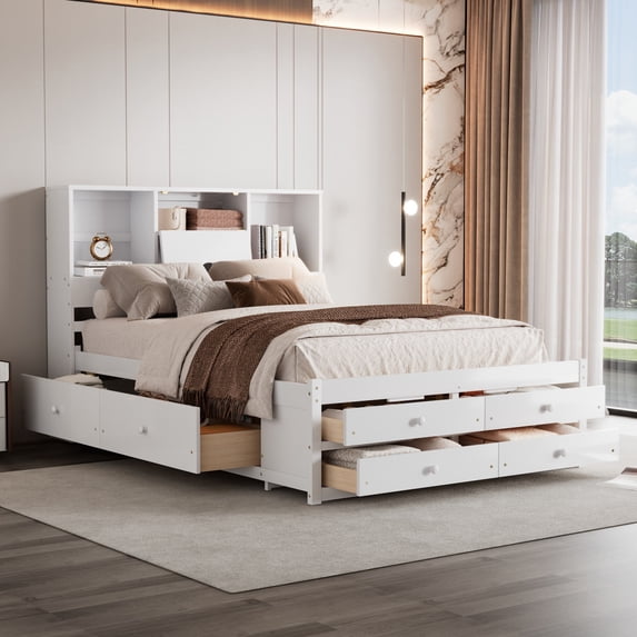 Queen Size Wood Platform Bed Frame with Storage Bookcase Headboard, Pine Wood Platform Storage Bed with 8 Drawers, No Box Spring Needed, Noise Free, White