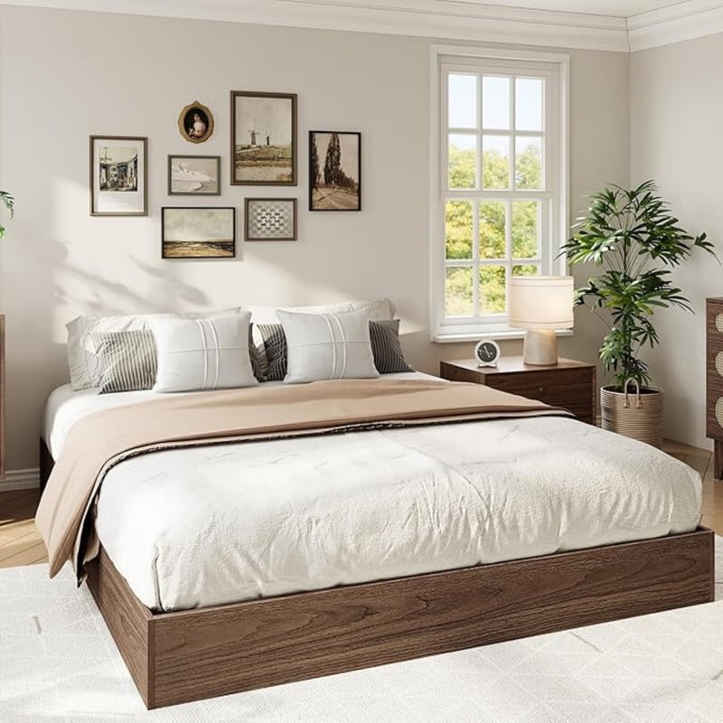 Queen Size Wood Platform Bed Frame,Wooden Bed Frame Without Headboard, Wood Slat Support,No Box Spring Needed, Easy Assembly, Walnut