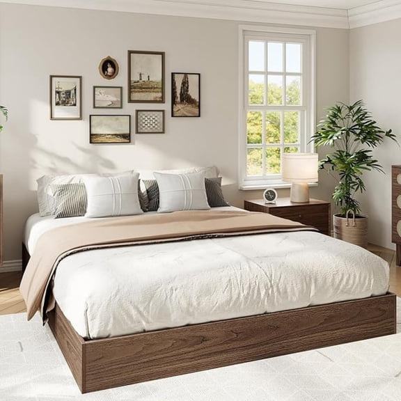 Queen Size Wood Platform Bed Frame,Wooden Bed Frame Without Headboard, Wood Slat Support,No Box Spring Needed, Easy Assembly, Walnut