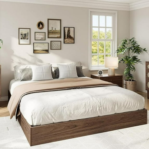 Queen Size Wood Platform Bed Frame,Wooden Bed Frame Without Headboard, Wood Slat Support,No Box Spring Needed, Easy Assembly, Walnut
