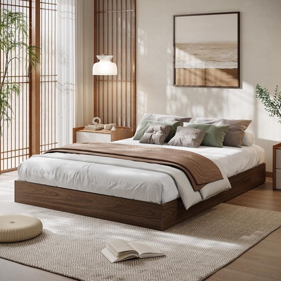 Queen Size Wood Platform Bed Frame Wooden Bed Frame Without Headboard Wood Slat Support No Box Spring Needed Easy Assembly Walnut