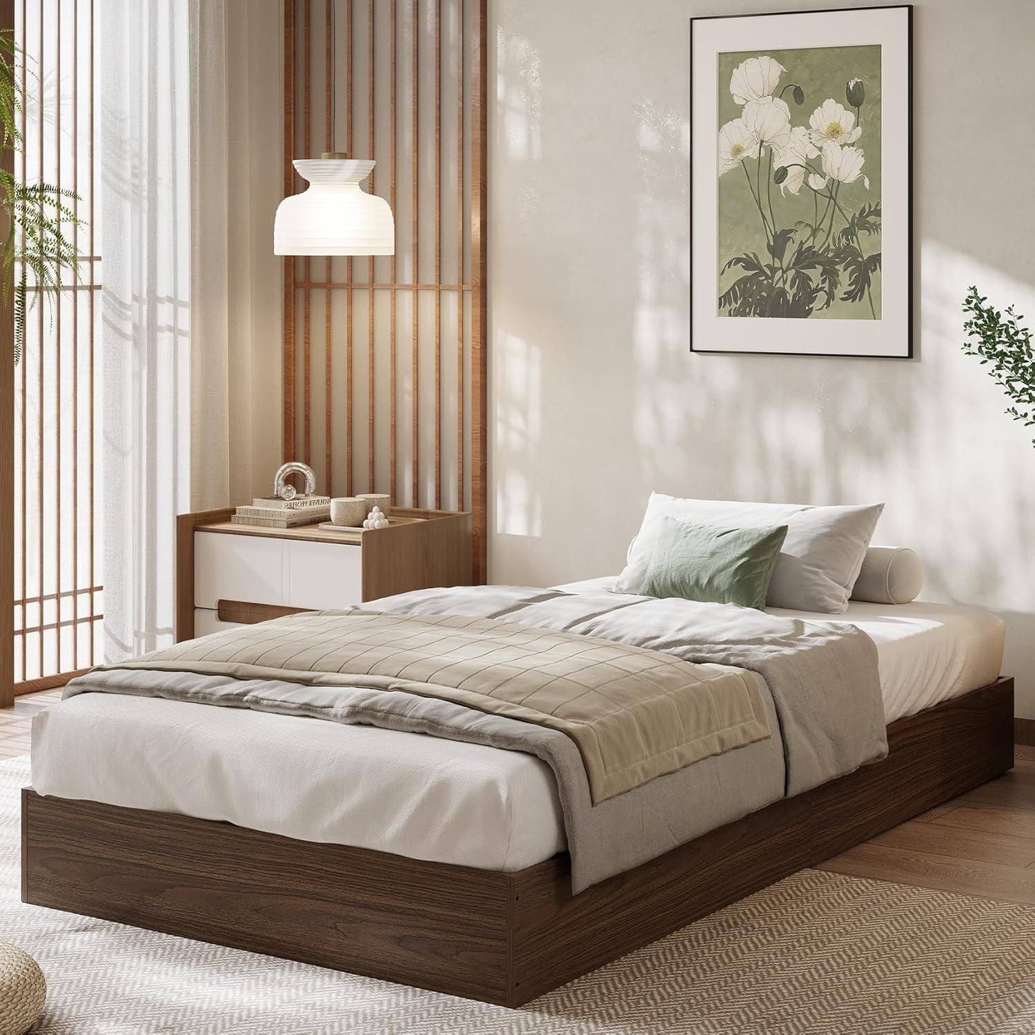 Queen Size Wood Platform Bed Frame, Wooden Bed Frame Without Headboard, Wood Slat Support, No Box Spring Needed, Easy Assembly