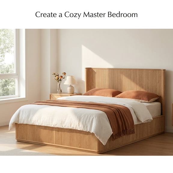 Queen Size Wood Platform Bed Frame with 44" Tall Fluted Wave Headboard, Natural Oak, No Box Spring Needed, Modern Minimalist