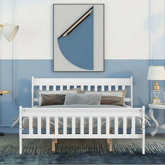 Queen Size Wood Platform Bed Frame with Headboard, Footboard and Strong Wooden Slats, No Box Spring Needed, Easy Assembly, White