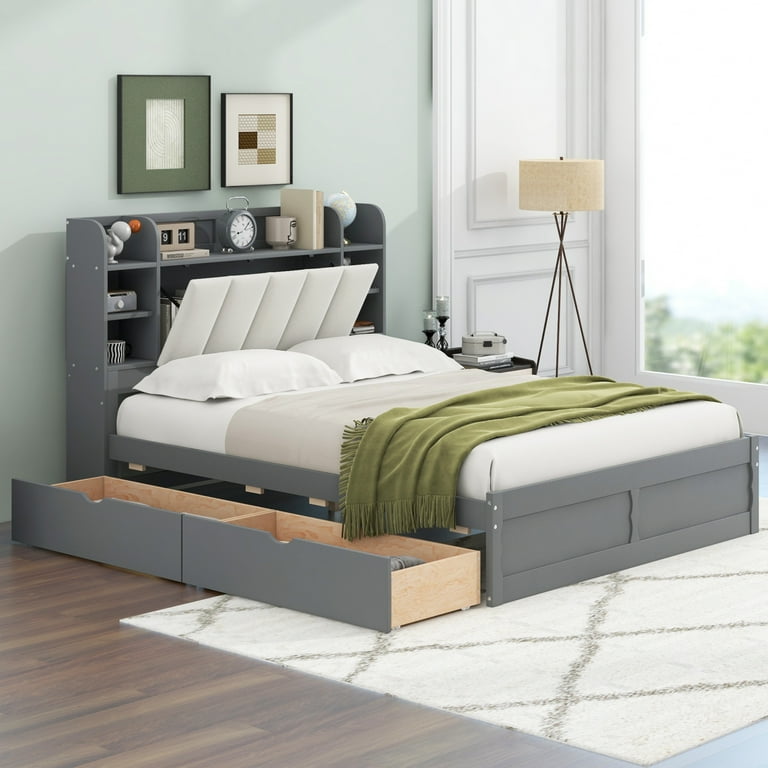 Queen Size Wood Platform Bed Frame with Storage Headboard Storage Bed with Shelves and 2 Drawers No Box Spring Needed Easy Assembly Gray
