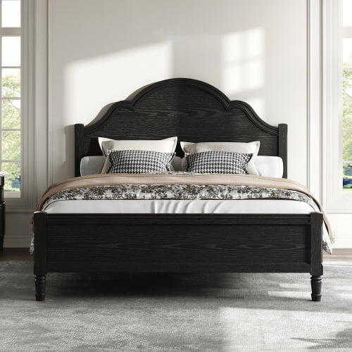 Queen Size Wood Platform Bed with Headboard and Footboard, Arch-Top Design, Solid Wood Construction, Slatted Base, No Box Spring Needed, for Bedroom, Master Suite, Black