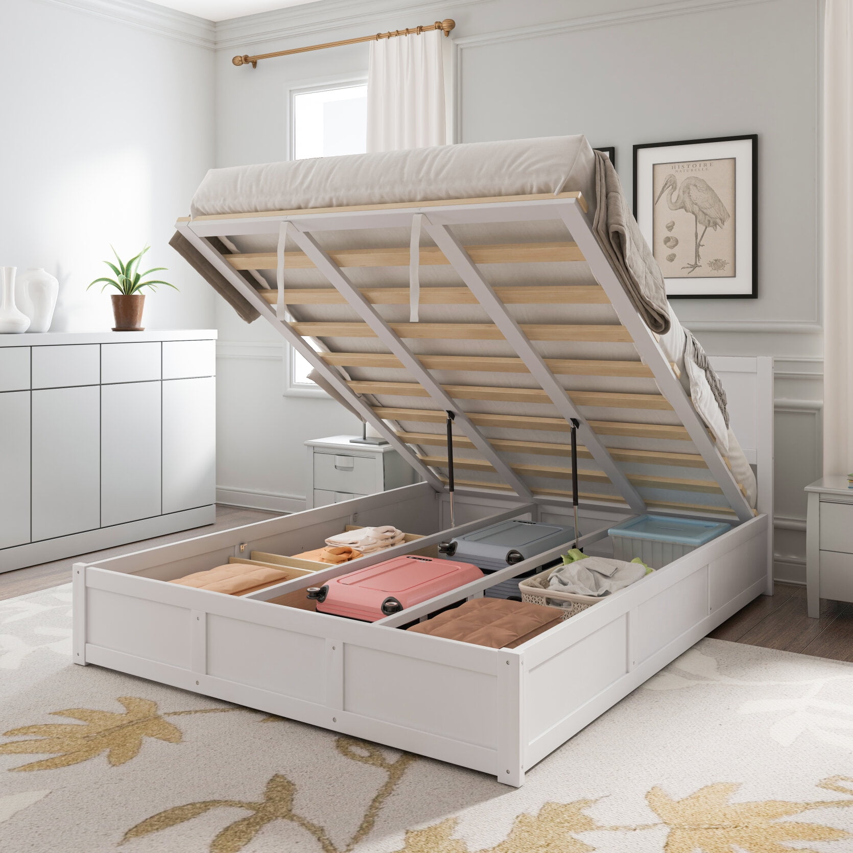Queen Size Wood Platform Bed with Hydraulic Lift Storage & 2 Drawers ...
