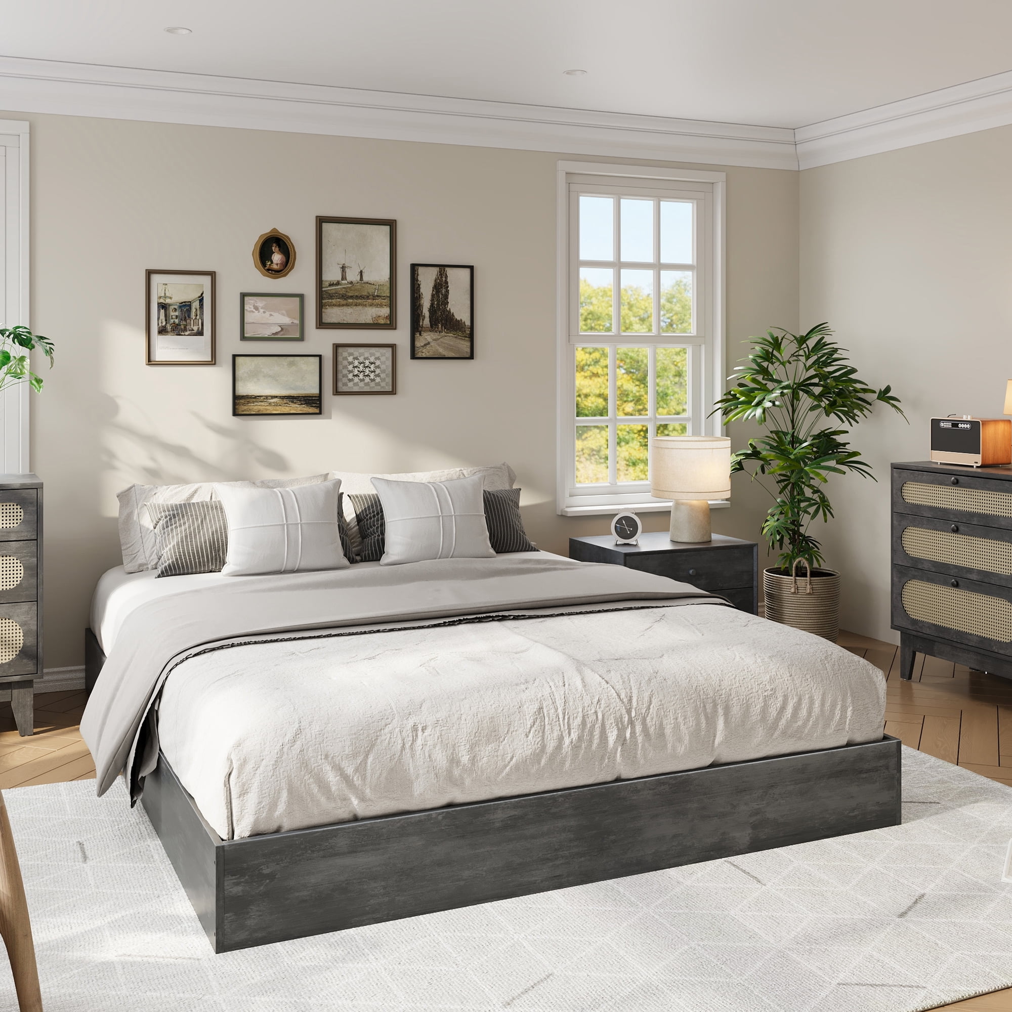Queen Size Wood Platform Bed Modern Minimalist Frame with Wood Slats ...