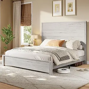 VanAcc Queen Size Wood Platform Bed, Rustic Bed Frame with 51.2" Tall Slatted Headboard, Wooden Slats & Metal Support, Noise Free, Rustic White
